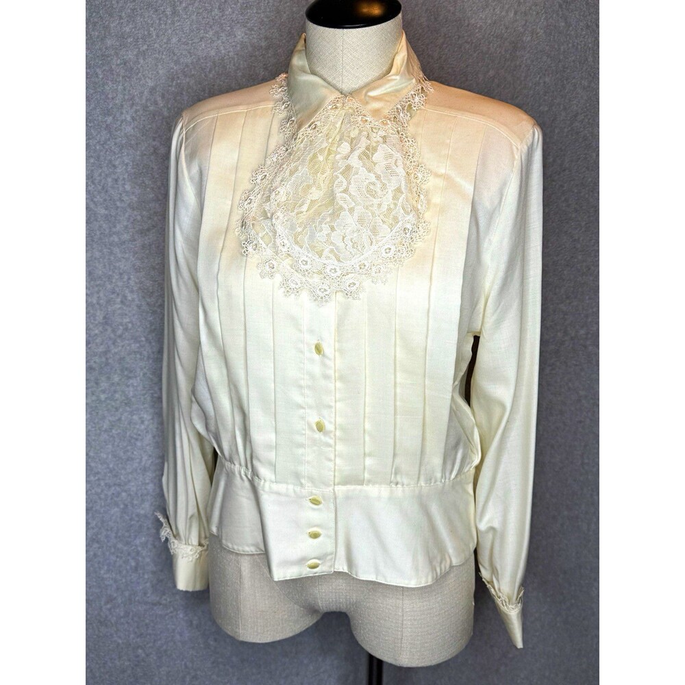 VTG Edwardian Lace Jabot Blouse Ivory Button Up Collar Parisian Victorian 12P